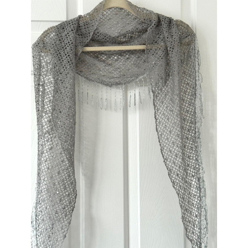 Vintage Metallic Knit Sequin Triangle Silver Fringe Evening Stole